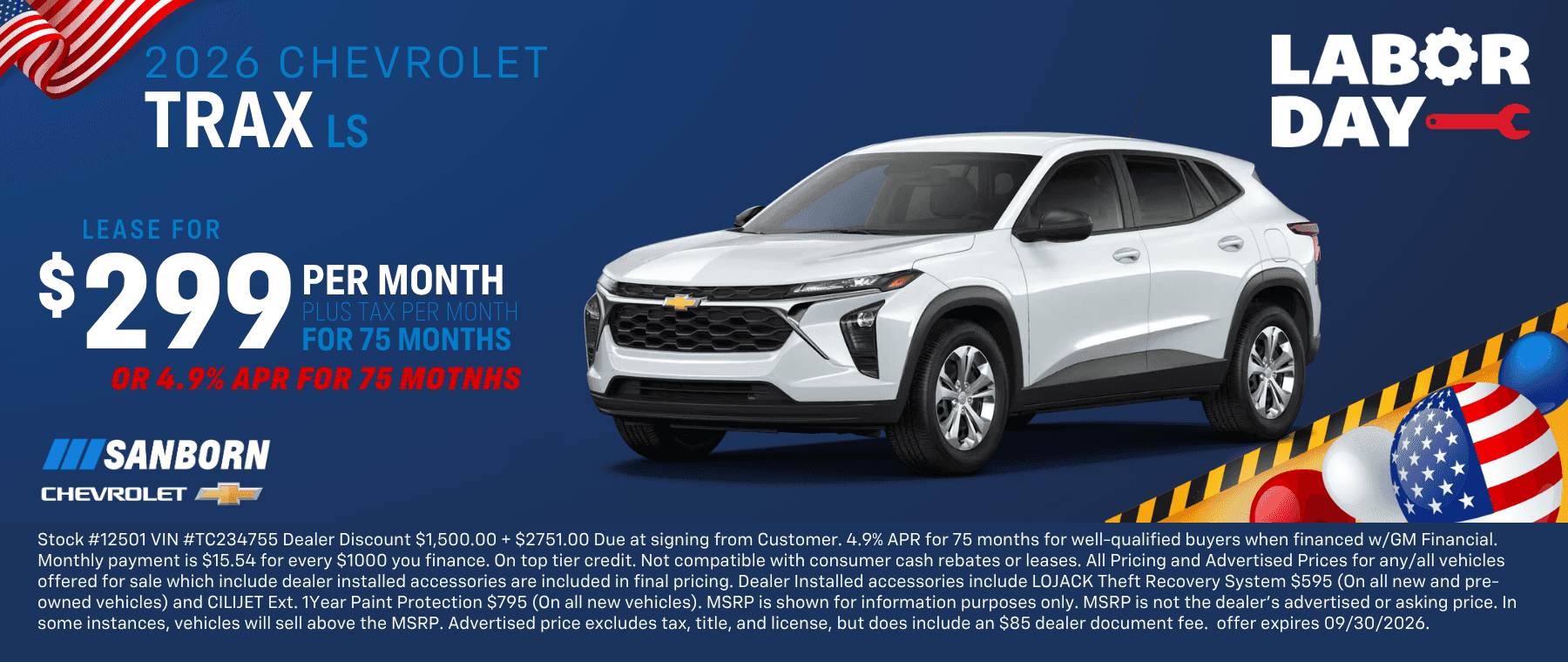 2026 Chevrolet Trax $299 per month for 75 months