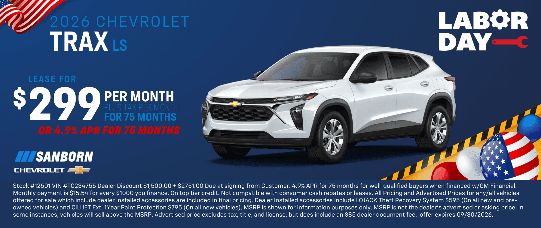 2026 Chevrolet Trax $299 for 75 months
