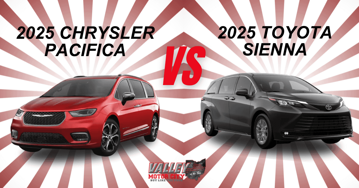 Comparison image showing 2025 Chrysler Pacifica versus 2025 Toyota Sienna.