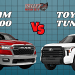 Side-by-side comparison of 2026 Ram 1500 and 2026 Toyota Tundra trucks highlighting towing and design differences