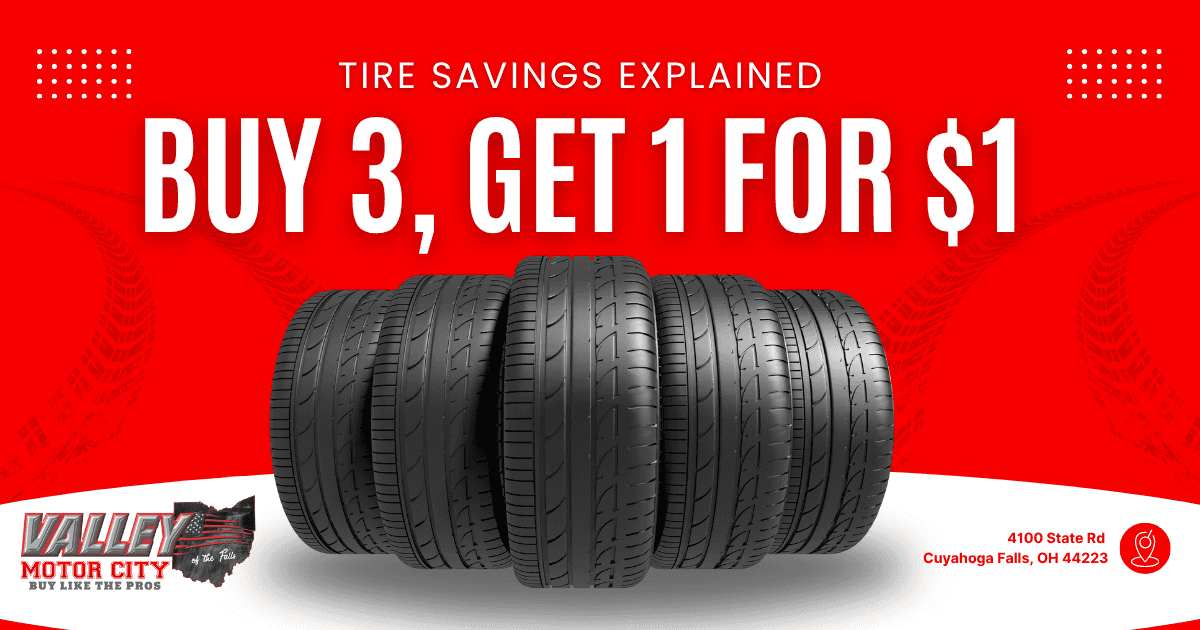 Close-up of a brand-new tire with tread detail at Valley Chrysler Dodge Jeep Ram of the Falls service center