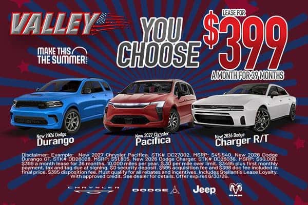 You Choose Lease! 2026 Dodge Durango, 2027 Chrysler Pacifica, or 2026 Dodge Charger R/T