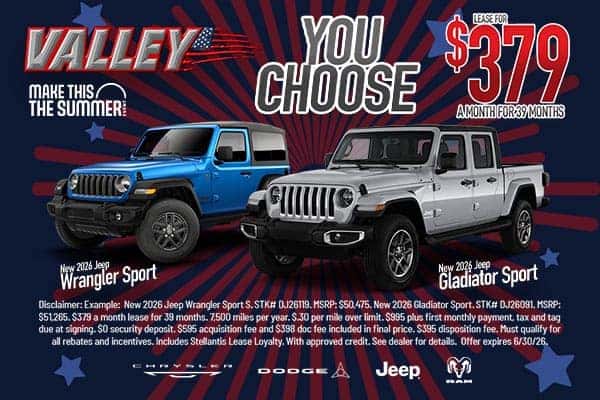 You Choose Lease! 2026 Jeep Wrangler Sport or 2026 Jeep Gladiator Sport