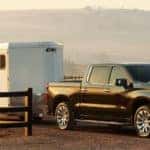 Exterior view of the 2021 Chevrolet Silverado 1500 towing a horse trailer