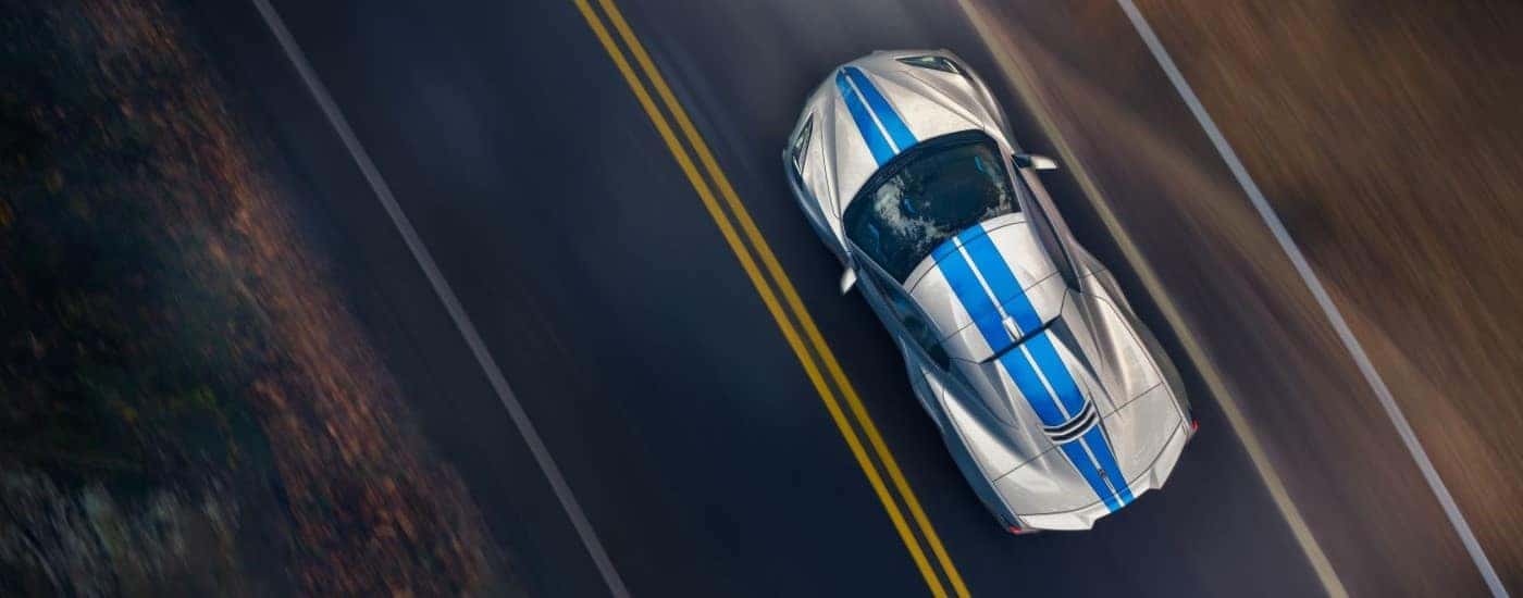 A silver 2024 Chevy Corvette E-Ray 3LZ is shown from a high angle.