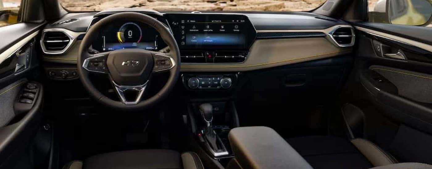 The gray interior and dash in a 2024 Chevy Trailblazer is shown.