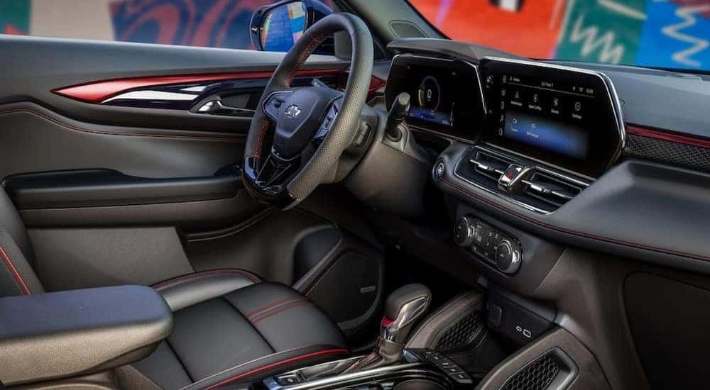The black interior and dash in a 2024 Chevy Trailblazer RS is shown.