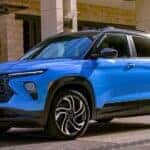 A blue 2025 Chevy Trailblazer RS parked at a Chevy dealer near Indianapolis.