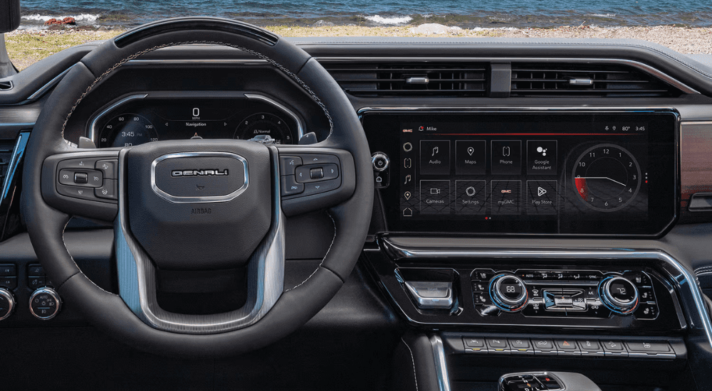 Black interior and infotainment system in a 2026 GMC Sierra 1500
