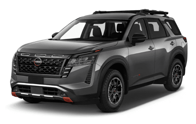 Dark grey Nissan Pathfinder Rock Creek edition with red front accent hooks and off-road wheels